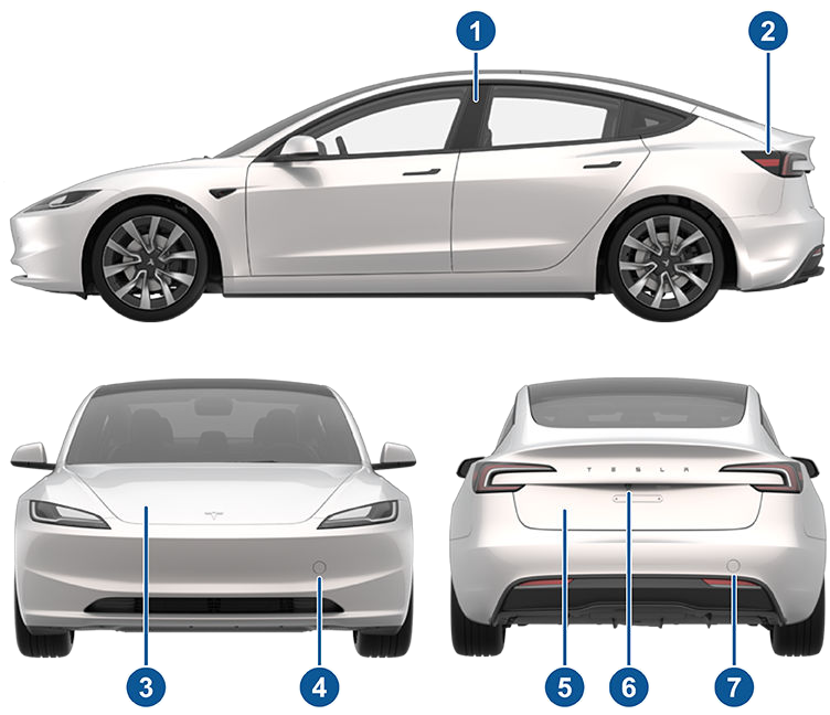 Exterior views of vehicle from side, front and rear with callouts